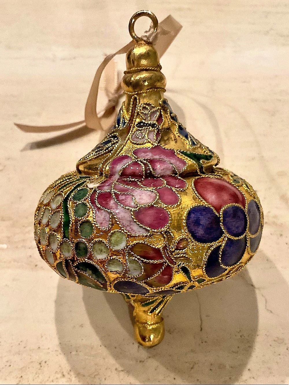 Vintage Cloisonne Enamel Christmas Ornament Xmas Ornaments Gold Green Pink
